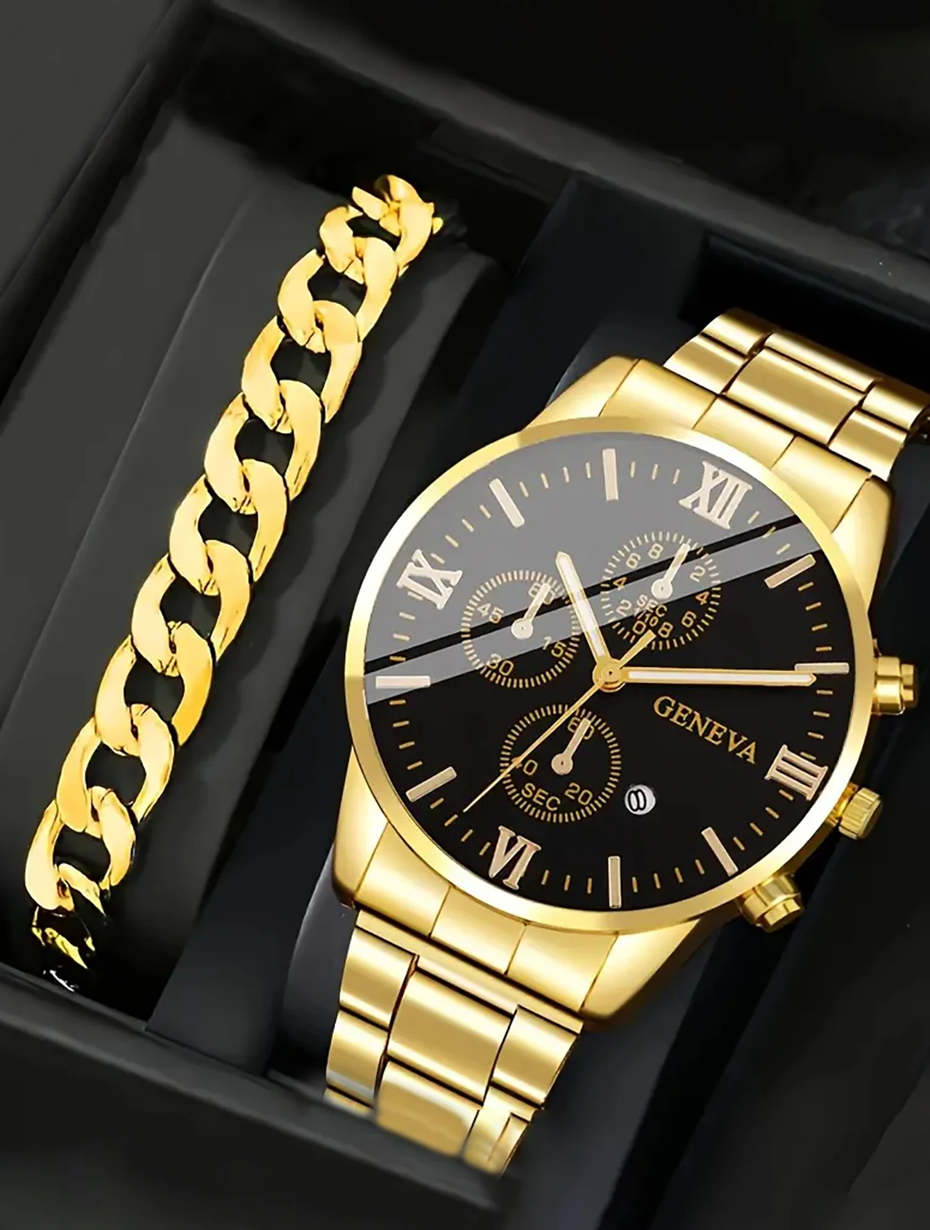 3PCS Classic business style alloy men\'s quartz watch with Cuban bracelet Cross necklace set Birthday gift wristband calendar