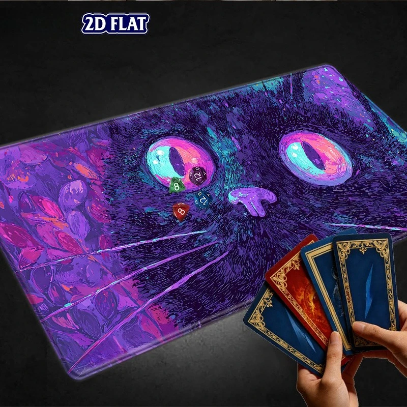 Neon Purple and Black Cat Game Mat - Anti-slip rubber base, suitable for TCG/CCG card games, compatible with The Gathering