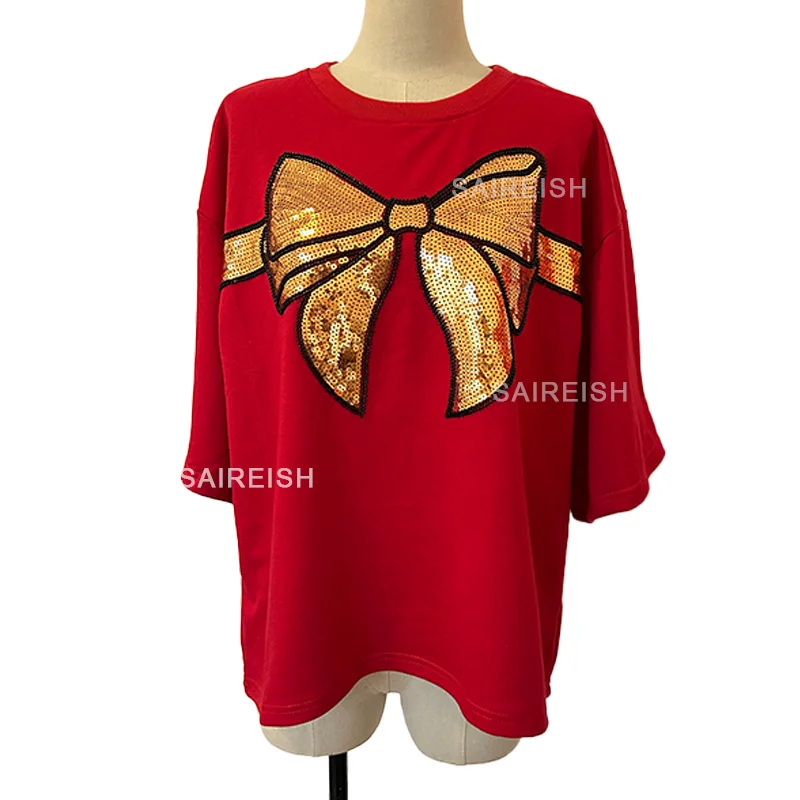 

Dropshipping Sequined Beaded New Year Red Bowknot Christmas T Shirts Women