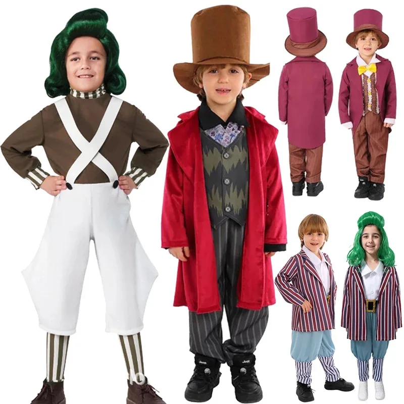 

Лили 123 детей Wonkka Oompa косплей Loompa 2023, костюм шоколадной фабрики из фильма, карнавальный костюм на Хэллоуин, детский костюм для мальчиков