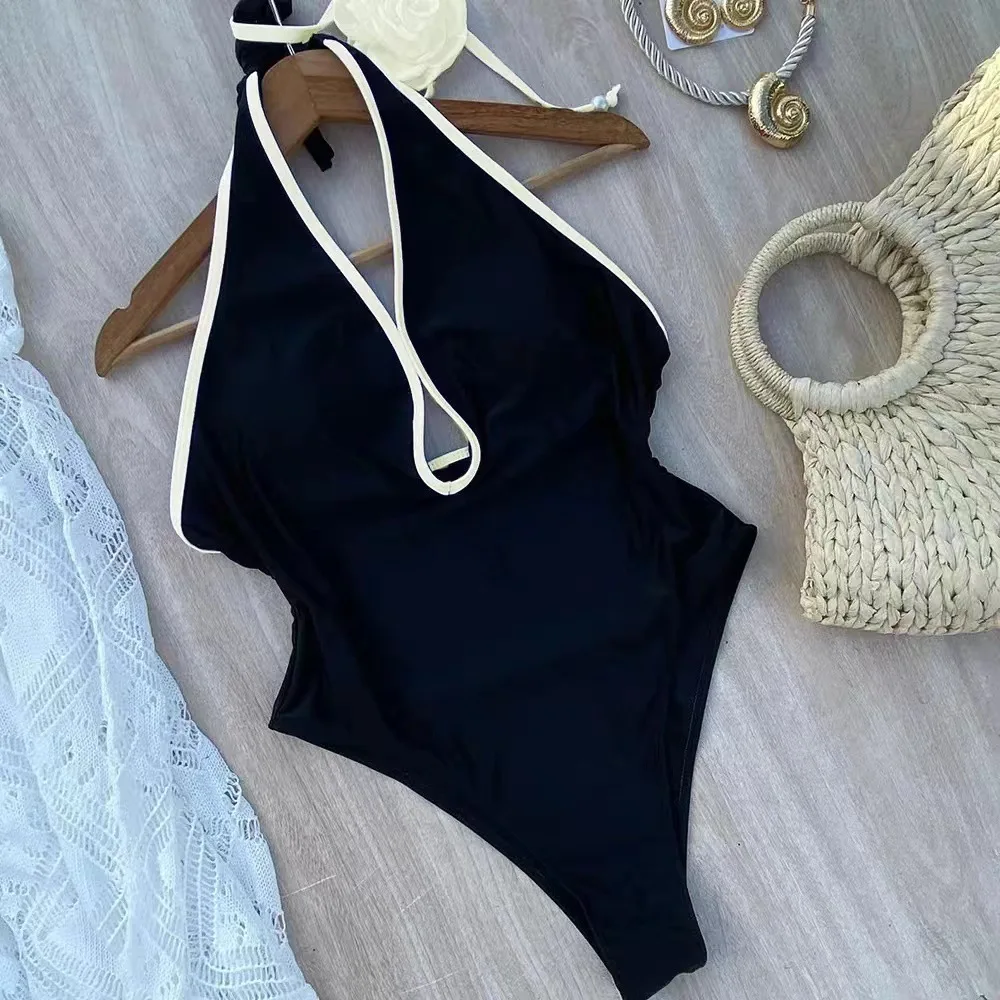 3D Flower Solid One Piece Swimsuit Women Black/White Swimwear Sexy Deep V Neck Swimming Suit Backless Bathing Suit for Women