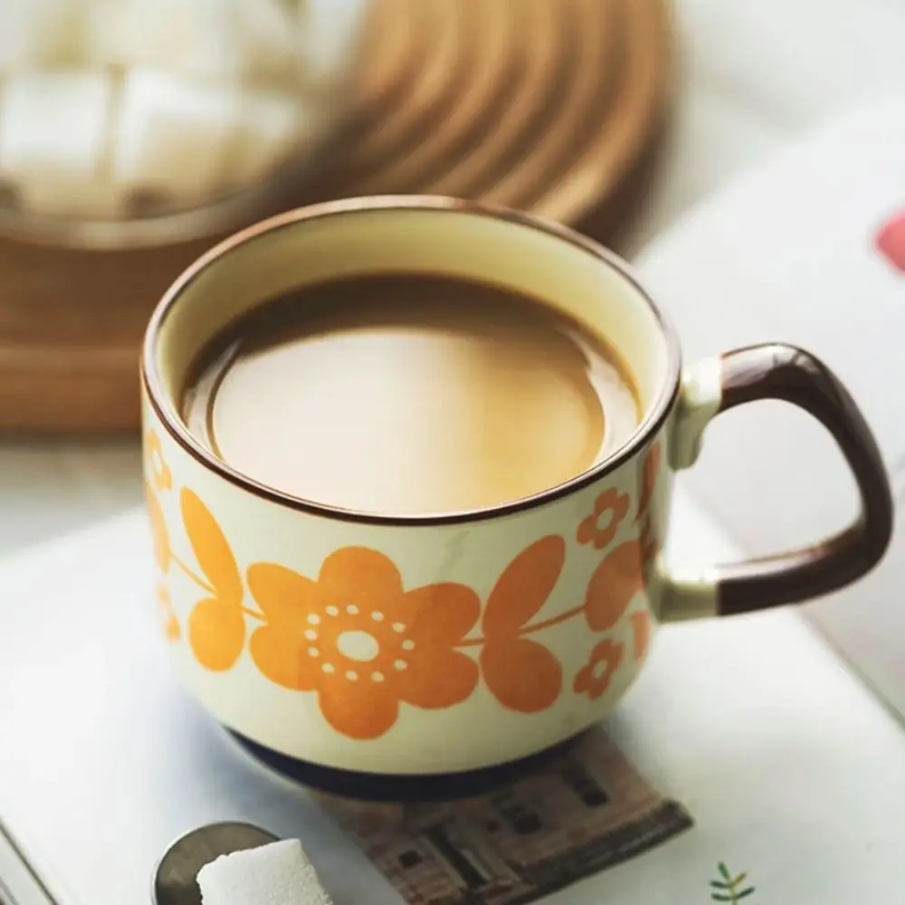 Simple 300ml Japanese Coffee Mug Floral Pattern Underglaze Painting Milk Oatmeal Cup Retro Stackable Office Water Cup Afternoon