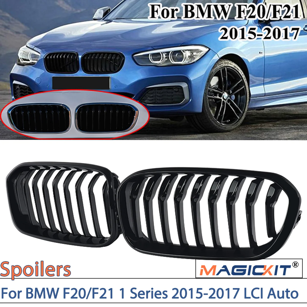 

MagicKit Front Kidney Gloss Black Sport Grills Grille For BMW F20/F21 1 Series 2015-2017 LCI Auto CAR Accessories ABS