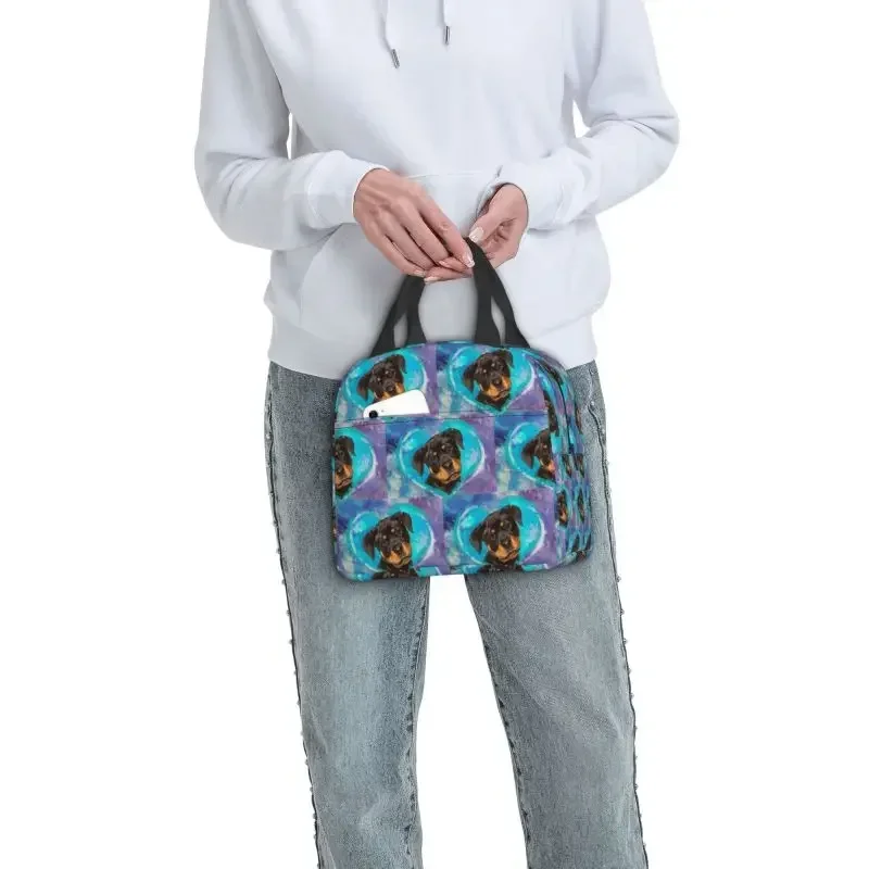 Adorable Heart Rottweiler Puppy Portable Lunch Boxes for Multifunction Dog Cooler Thermal Food Insulated Lunch Bag Kids School