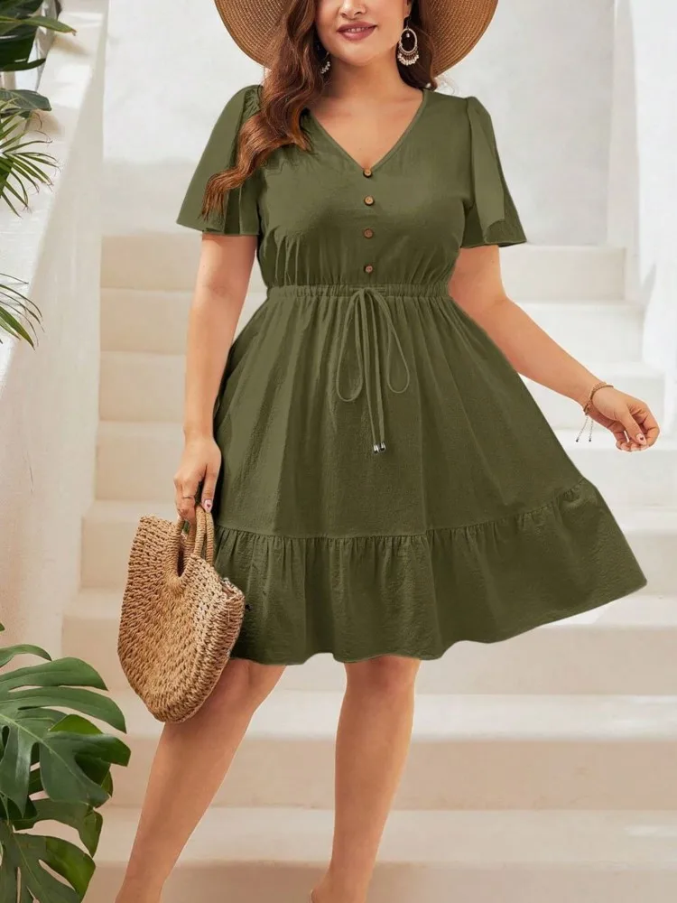 Plus Size Summer Short Sleeve V-Neck Mini Dress Women A-Line Ruffle Pleated Fashion Ladies Dresses Loose Casual Woman Dress