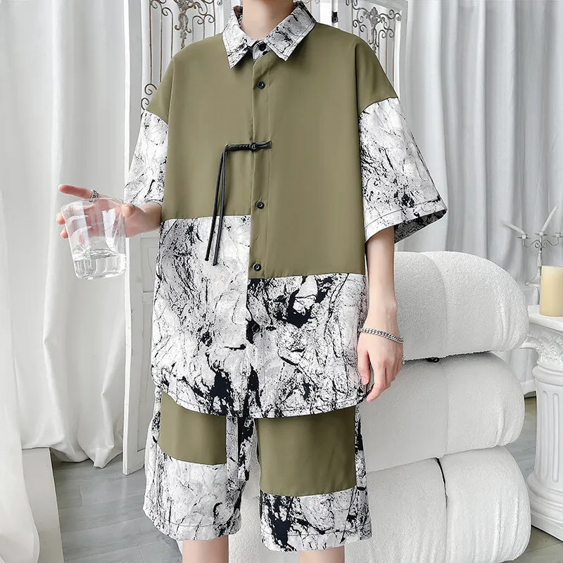 2025 Summer Men Shorts Set Matching Shirts Floral Printing Outfits Short Sleeve Elastic Waist Thin Oversize Suit Man