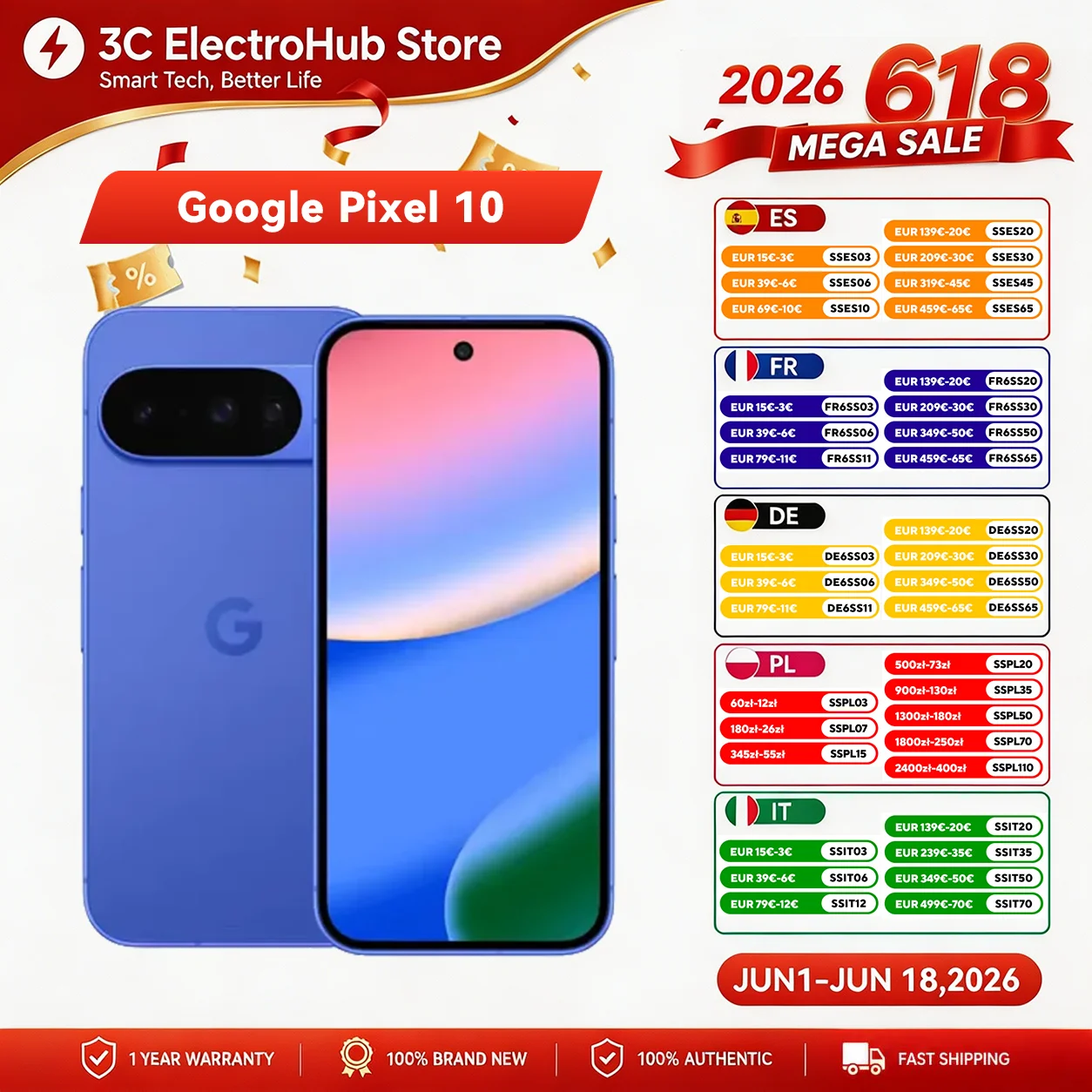 Google Pixel 10, tout nouveau Google Tensor G5, 6,3 pouces Caméra arrière triple avancée 4970 mAh Batterie 24 heures + Smartphon
