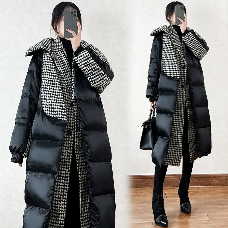 

New Womens Black Plaid Splicing Down Jacket Long Parker Overcoat Winter Cold Coat Female False Two 90% White Duck Down Outerwear