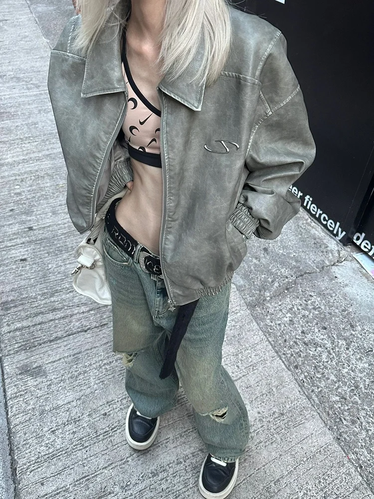 American Gresh Green Retro Loose Motorcycle Outerwear Women Autumn Design Sense  Lapel Leather Coat Jacket Cardigan Tide