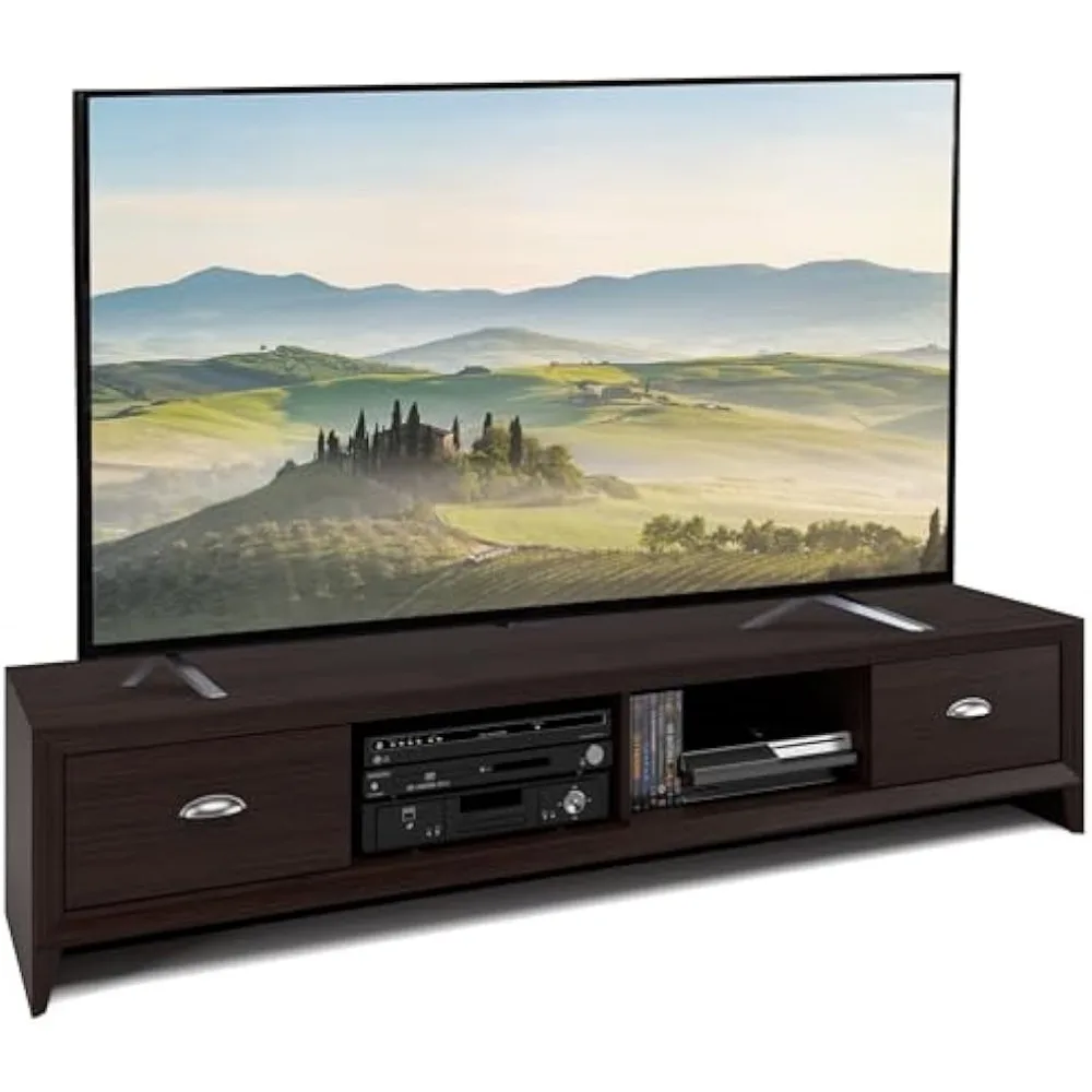 حامل تلفزيون خشبي حديث باللون البني الداكن مع أدراج لمعظم أجهزة التلفاز حتى 85 بوصة لغرفة المعيشة – مدخل طويل ومنخفض المستوى #4