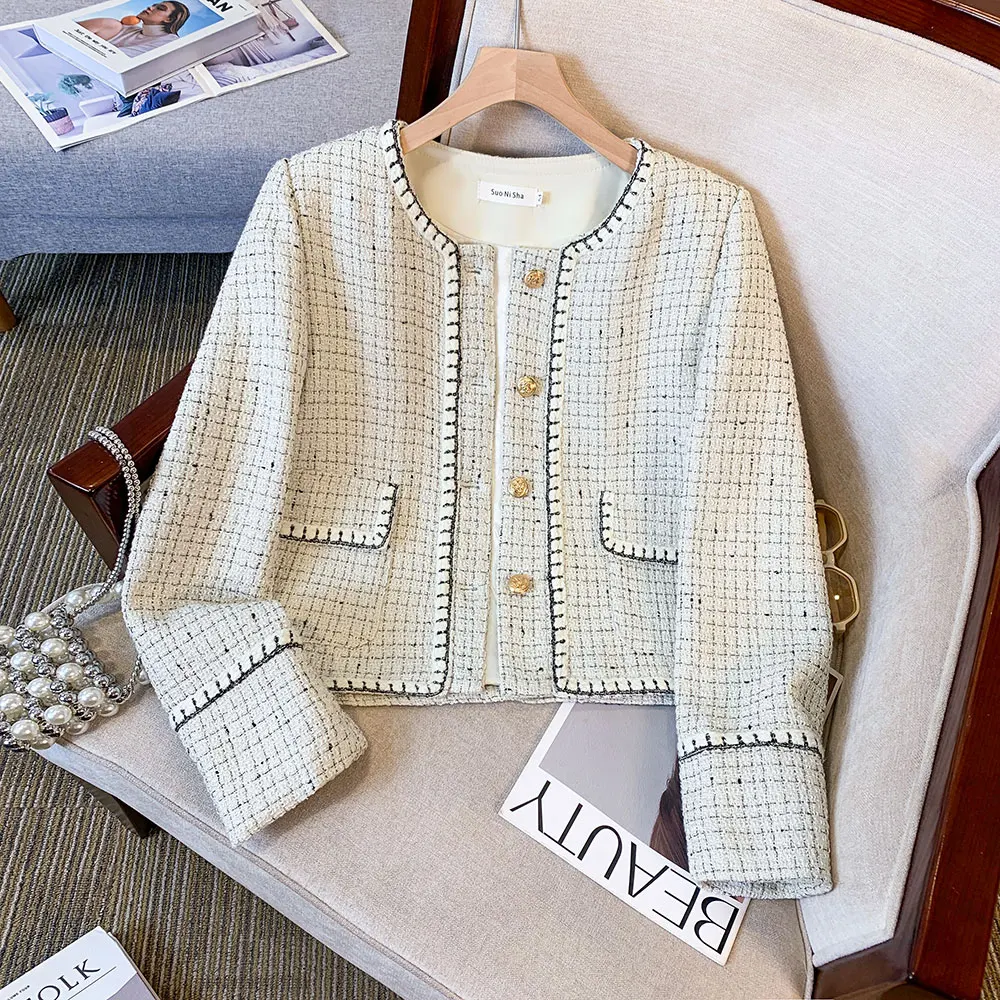 Women Round Neck Plaid Small Fragrant Short Coat Fashion Tweed Loose Casual Basic Korea Chic White Long-sleeved Lady Jacket