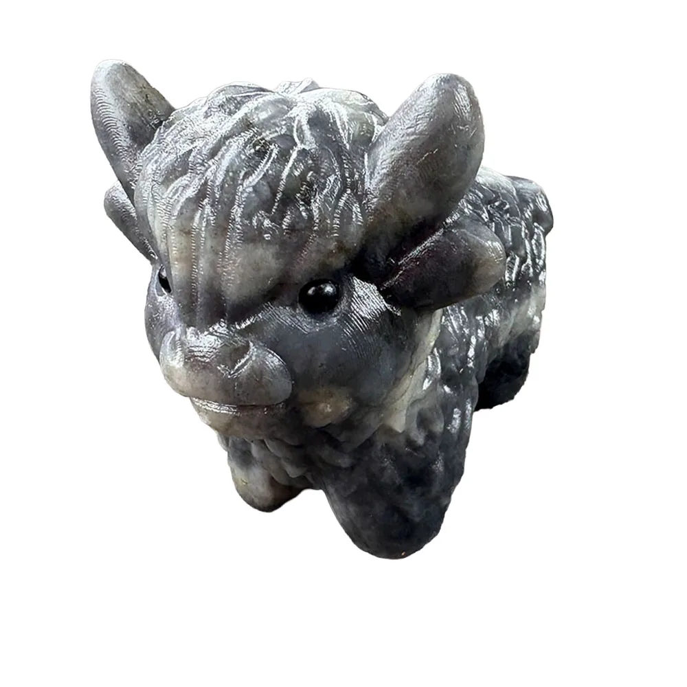 Custom Labradorite Highland Cow Figurine - 8cm Hand-Carved Crystal Farm Animal Statue with Inlaid Eyes for Collectible Decor