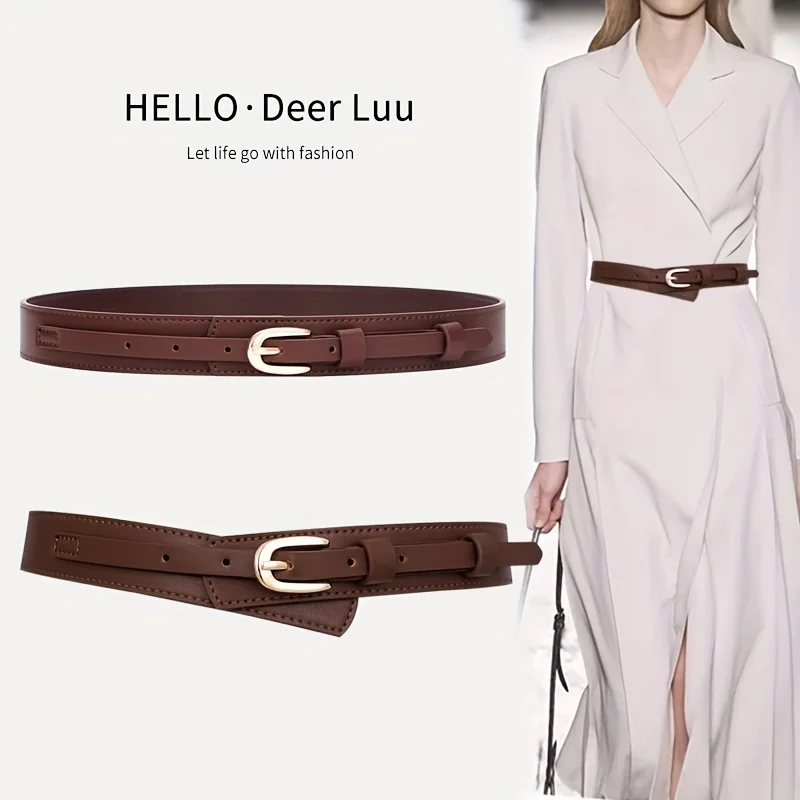 Stylish Oval Buckle Belts Classic Solid Color PU Leather Waistband Elegant Coat Dress Belt Women