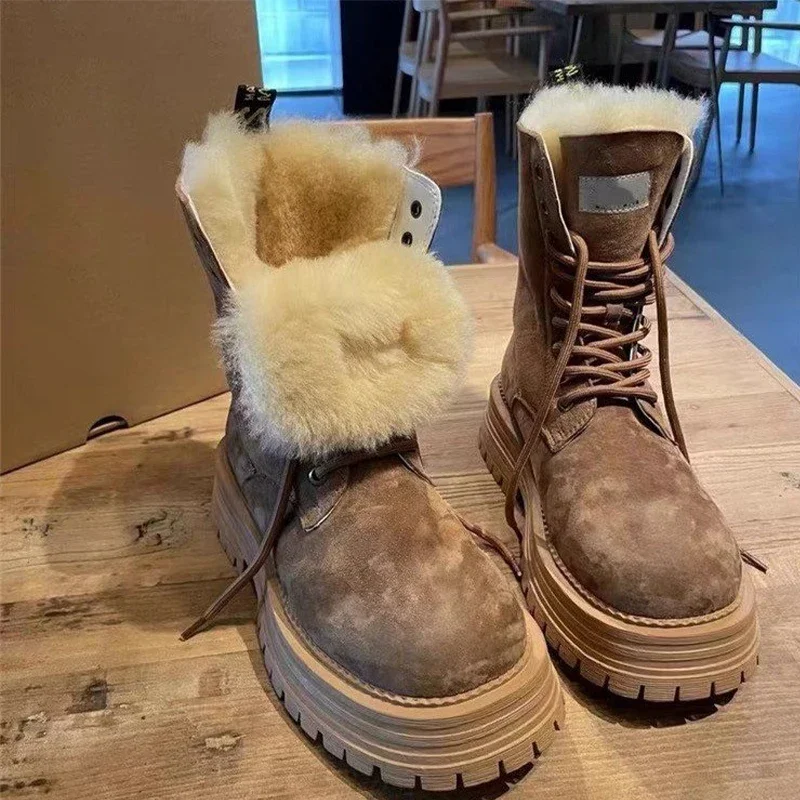 Fur Platform Snow Ankle Boots Flats Sneakers Warm Shoes 2025 Winter New Fashion Lace Up Suede Short Plush Walking Botas Mujer