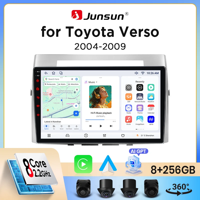 Image of Junsun Wireless CarPlay Android Auto Autoradio für Toyota Corolla Verso (AR10) 2004-2009 mit integriertem Lüfter, Android GPS-Navigation, Multimedia-Player, WiFi, DSP, RDS, BT, SWC, IPS-Touchscreen,