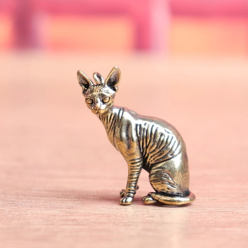 1 PC Copper Craft Antiqued Solid Copper Cat Miniatures Small Ornament Study Office Desk Tea Pet Hand Fidget Cute Home Decoration