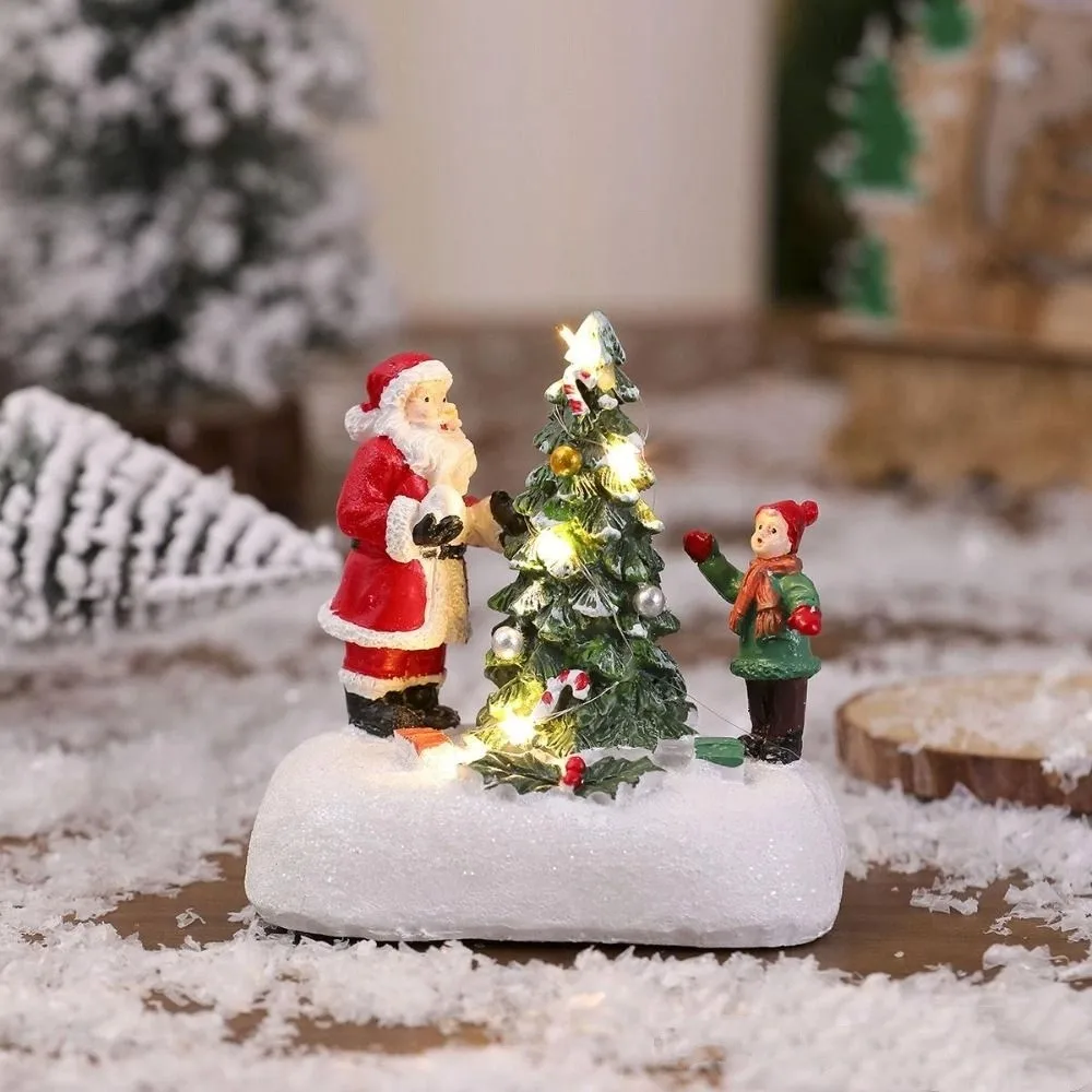 Resin Luminous Christmas Statue Santa Claus Design Snow View Christmas Street Lamp Ornament Pine