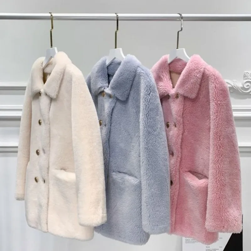 2023 New Women Winter Autumn Winter Outwear Sheep Sheared Wool Fur Jacket Double Breasted  Fur Coat Length Fleece Fur Overcoat