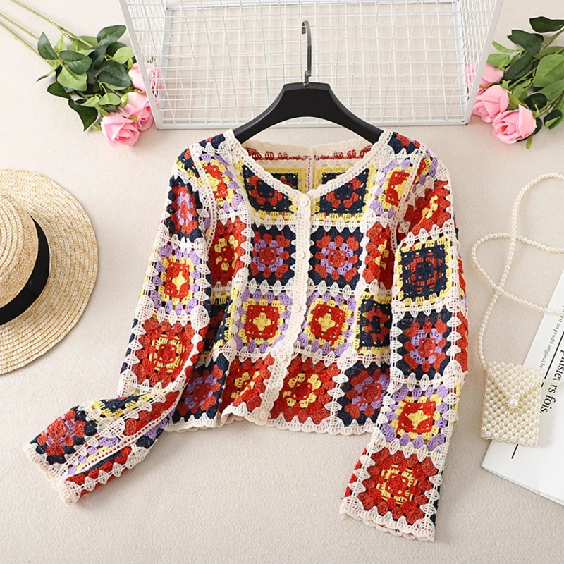Spring Autumn Knit Sweater Cardigan for Women Long Sleeve Button Down Crochet Colorful Geometric Pattern Coat