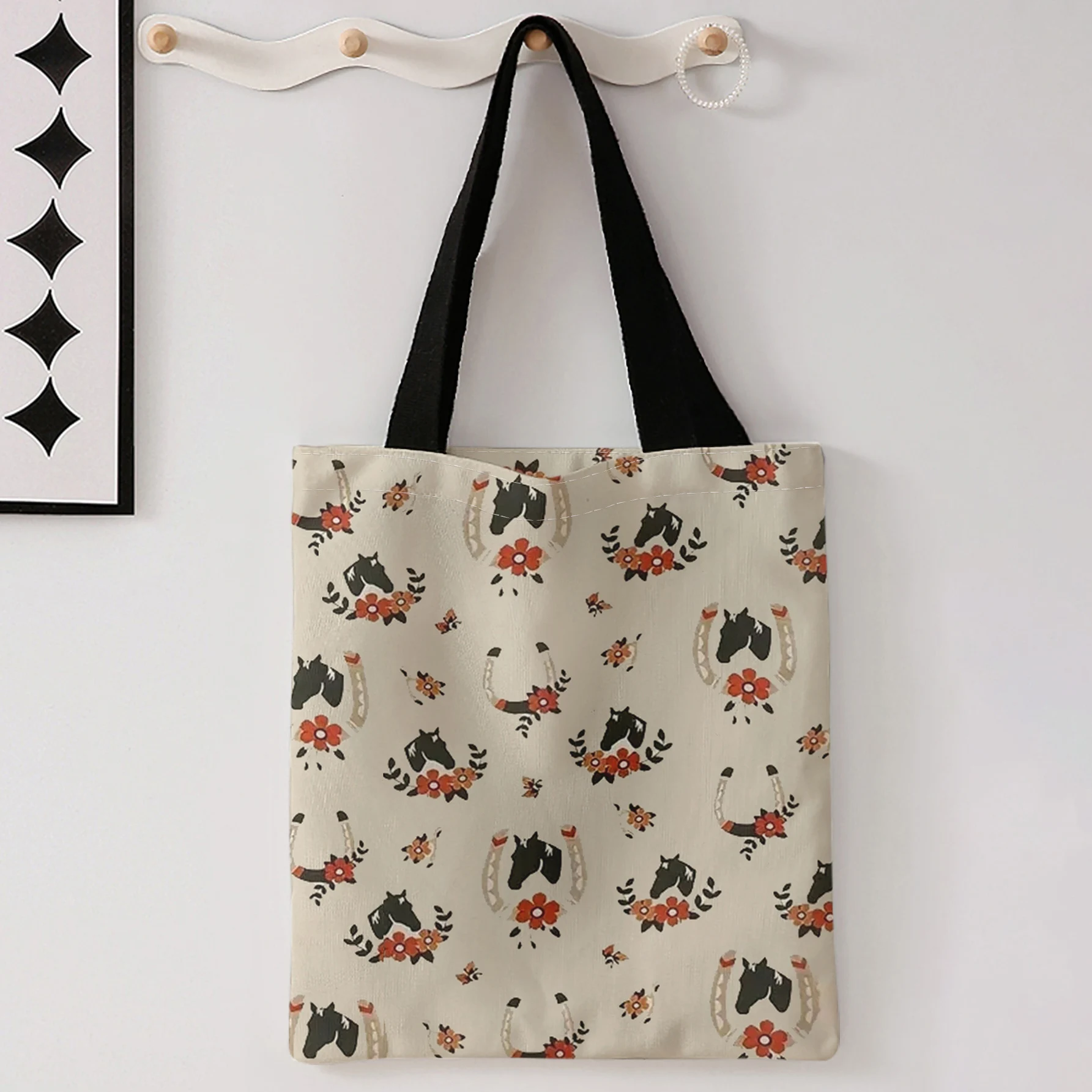 Horse Head Horseshoe Floral Repeat Print Tote Bag Large Capacity Shoulder Bag For Shopping Travel Daily Use