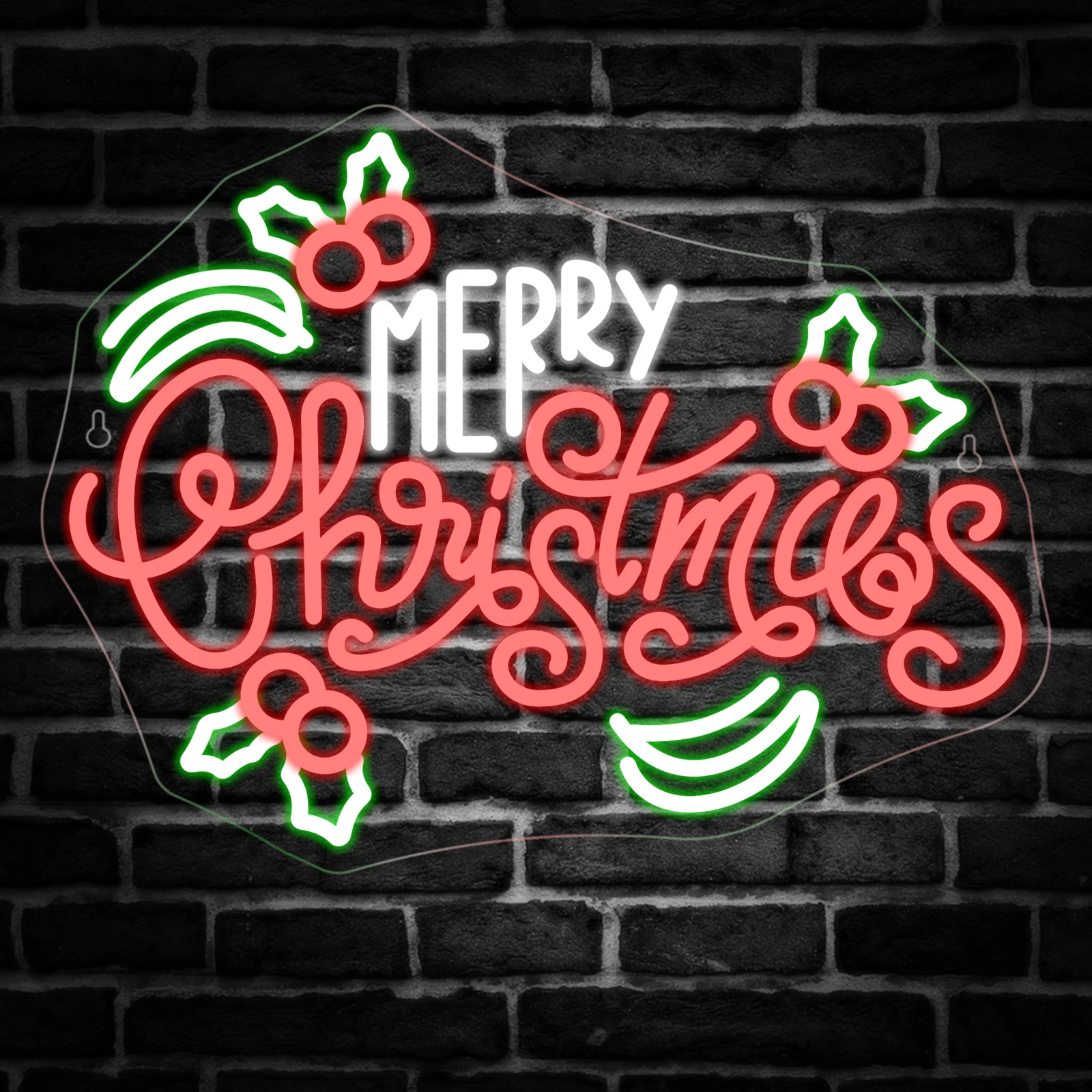 Merry Christmas Neon Sign Holly Fruit Xmas Neon Sign Led Light Up Sign Wall Decor Dimmable For Room Decoration Party Home Gift