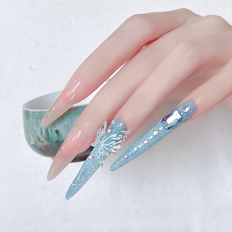 14개(긴 것 4개+짧은 것 10개) 수제 블루 크리스탈 리티니 네일 세트 행사용 반짝이고 몽환적인(인기 있는 키트보다 우수함) 인기 있는 키트
