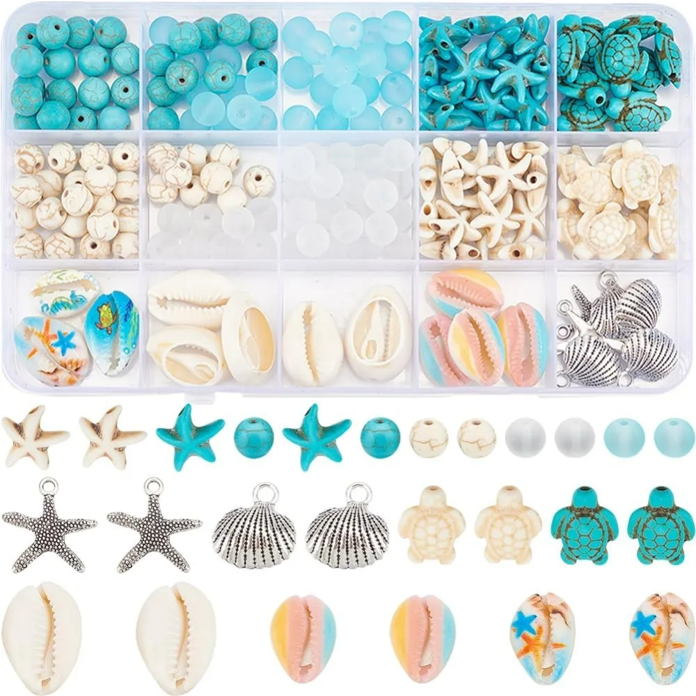 1 Box 210Pcs Starfish Bead Turtle Beads Lucky Turquoise Beads Bulk Summer Ocean Beads Sea Animal Charms Shell  Kit