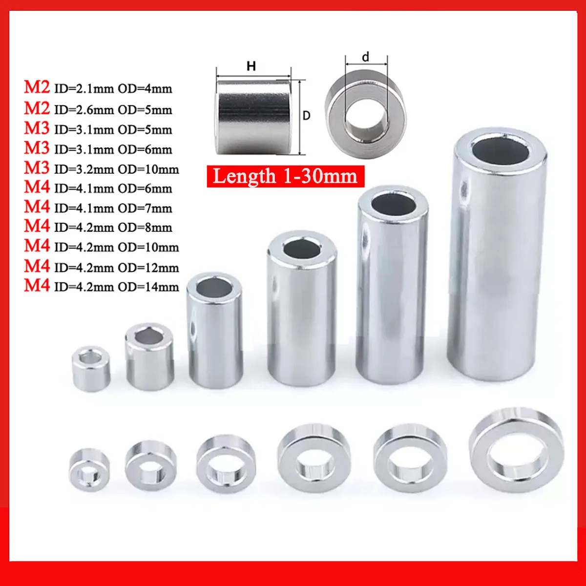  Aluminum Bushing M2 M3 M4 Alu Round Washer Gasket No-Thread Unthreaded Hollow Standoff Spacers Sleeve Collar Length 1-30mm