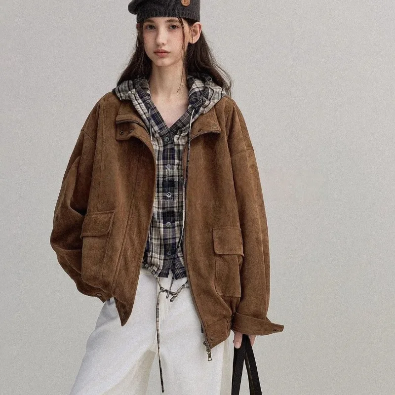 

Wear Coffee Brown Chic Wear Suede Jacket Women's Spring Autumn American Loose Lazy Style Commuter Jacket Exquisite Personality