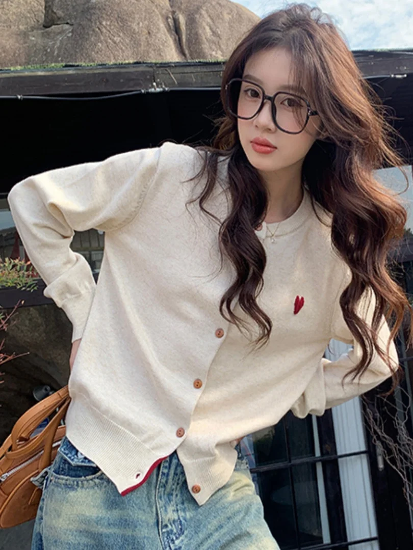 

Женский вязаный кардиган весна-осень Long Sve round Ne Soft Cozy Love Вязаный топ с вышивкой в Корейском стиле Универсальный Sw...