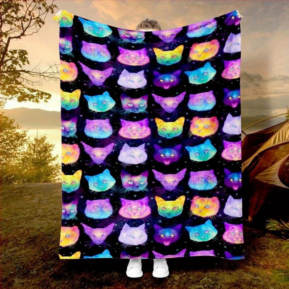 Colorful Cat Print Flannel Blanket, Soft and Warm Throw for Napping, Sofa Camping & Travel – Versatile Gift for All Seasons