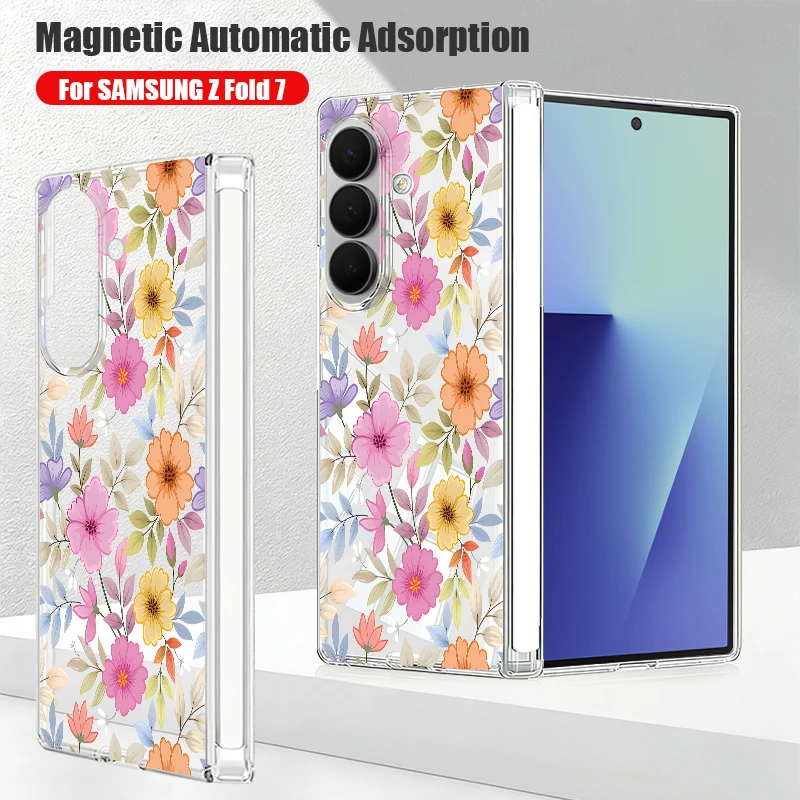 White Flower Case For Samsung Z Fold 7 6 5 Capa Galaxy Z Fold7 Fold6 Fold5 Magnetic Hinge Clear Hard PC Folding Phone Cover