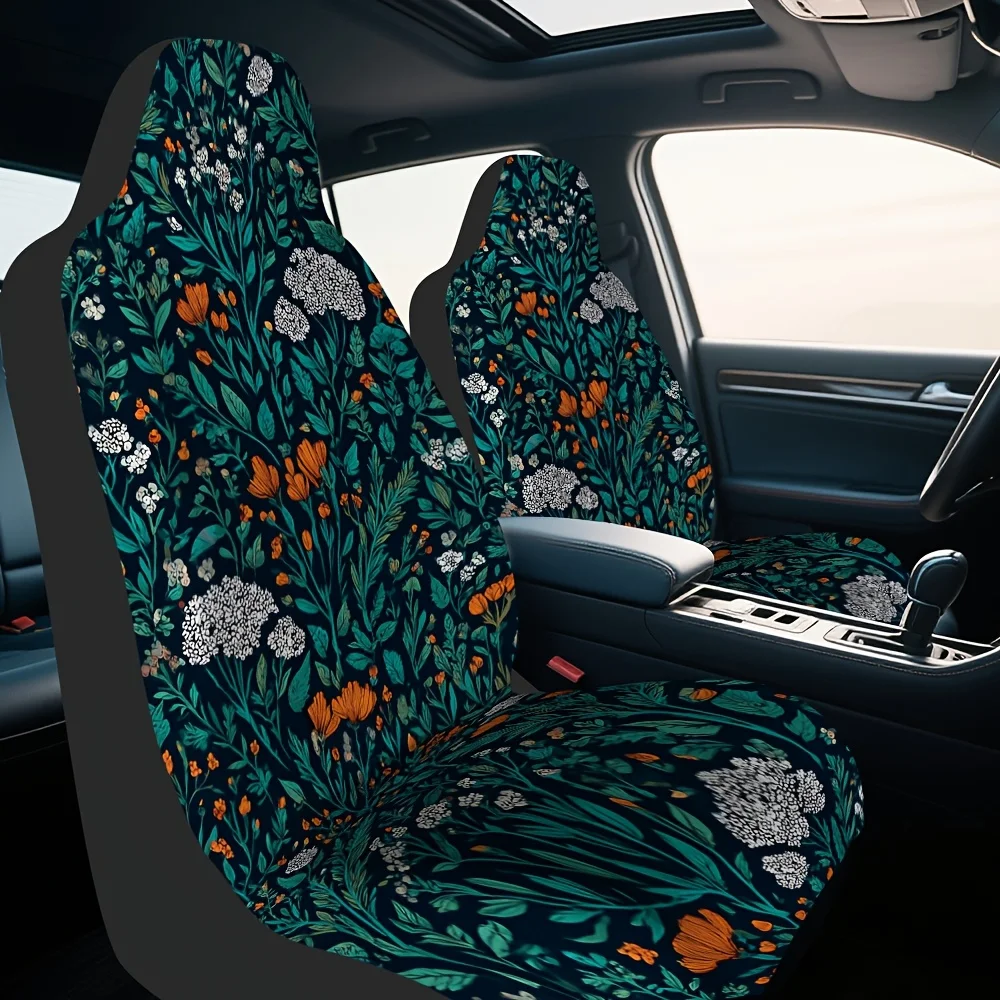 Set Of 2, Stylish Dark Green Floral Nature Design Front Covers, Upgrades Car Interior With A Fresh Look, Easy To Use For Daily F