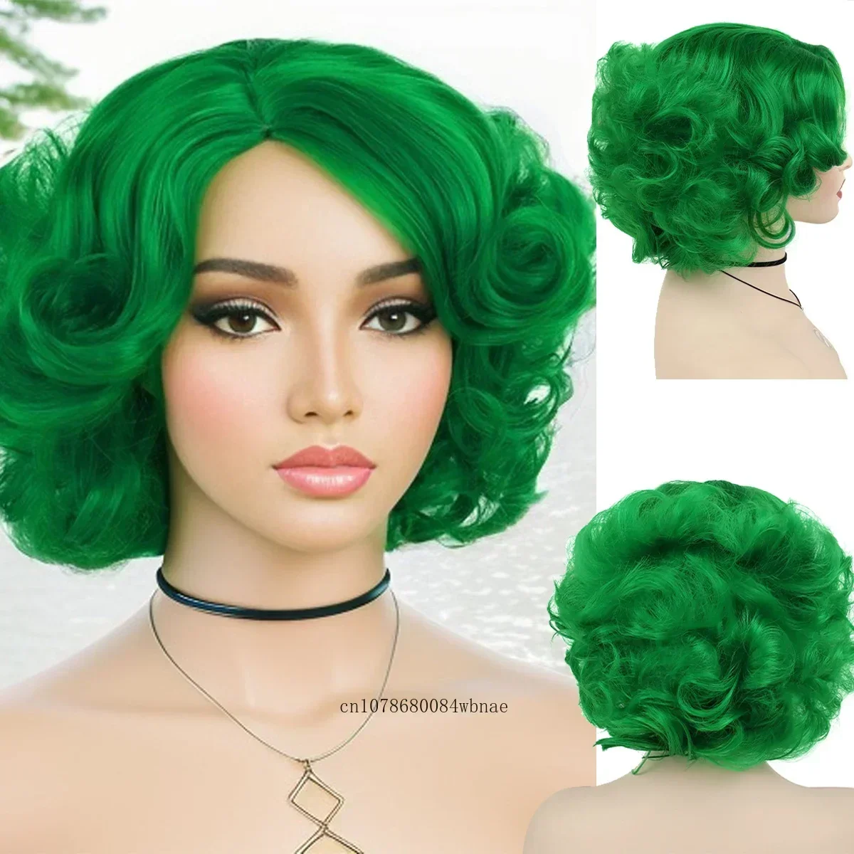 Green Curly Synthetic Hair Short Big Wavy Wigs for Women Heat Resistant Fiber Layered Wig Halloween Cosplay Daily Costume Use