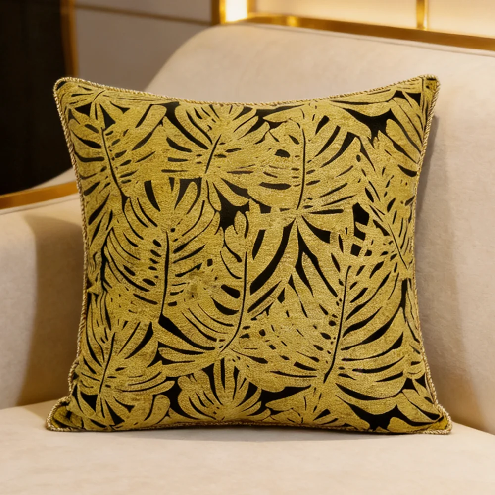 

Gold Velvet Chinese Style Palm Leaf Embroidery Square Pillow Soft Textured Decorative Cushion for Home Interior