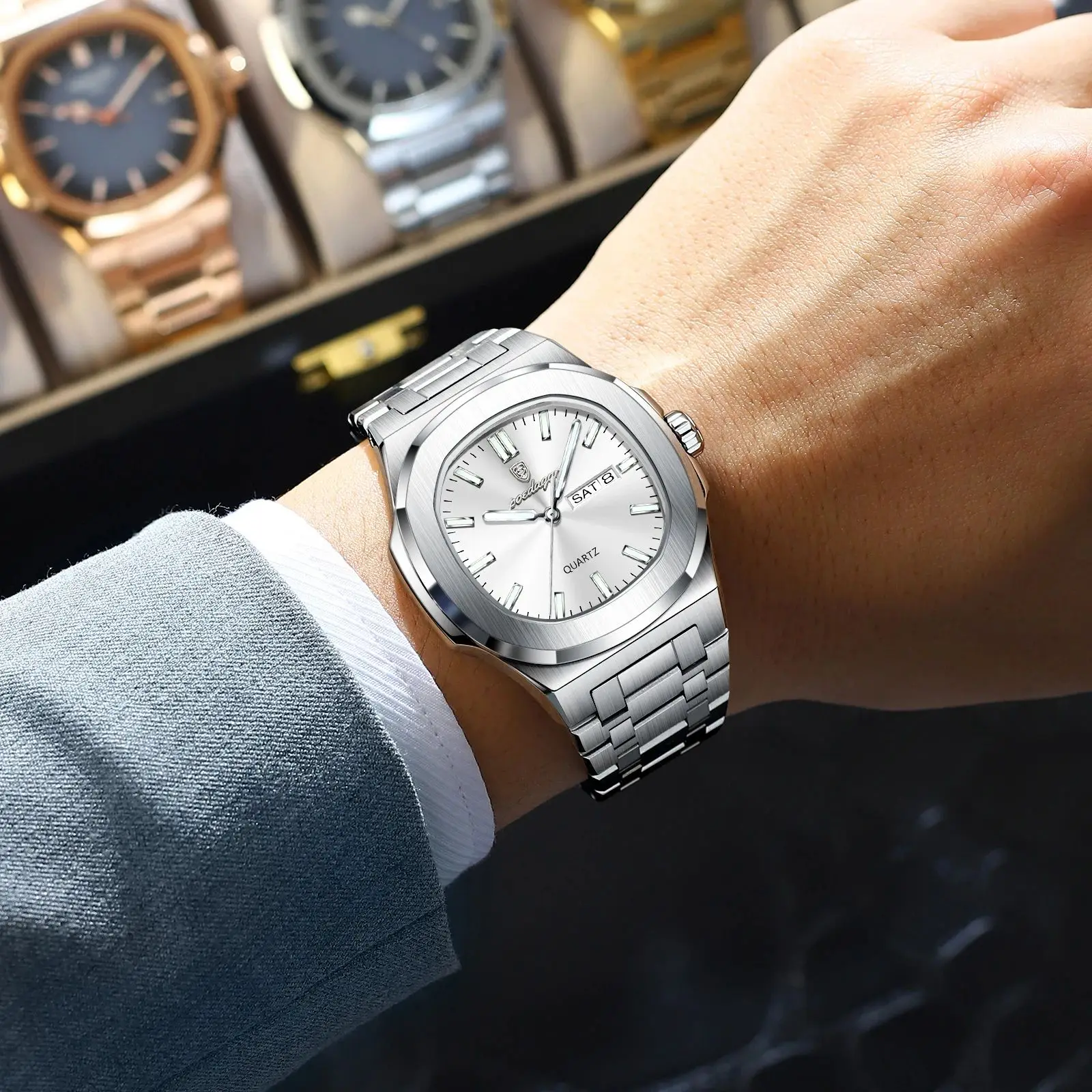 POEDAGAR Trendy Square Men's Watches Waterproof Luminous Date Week Man Clock Stainless Steel Exquisite Quartz Men Wristwatch+Box