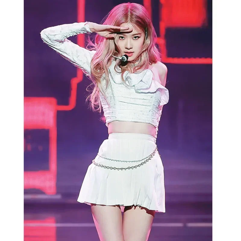 Kpop Girl Group ROSE Sexy Y2k Clothes Women Festival Crop Top Outfit Singer Costume Mini Pleated Skirt Jazz Performance Clothing