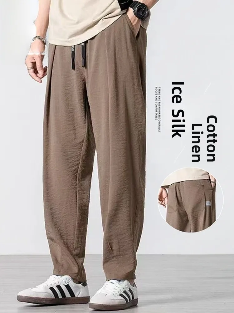 

Мужские летние тонкие свободные повседневные брюки из хлопка и льна, прямые, немнущиеся, для активного отдыха