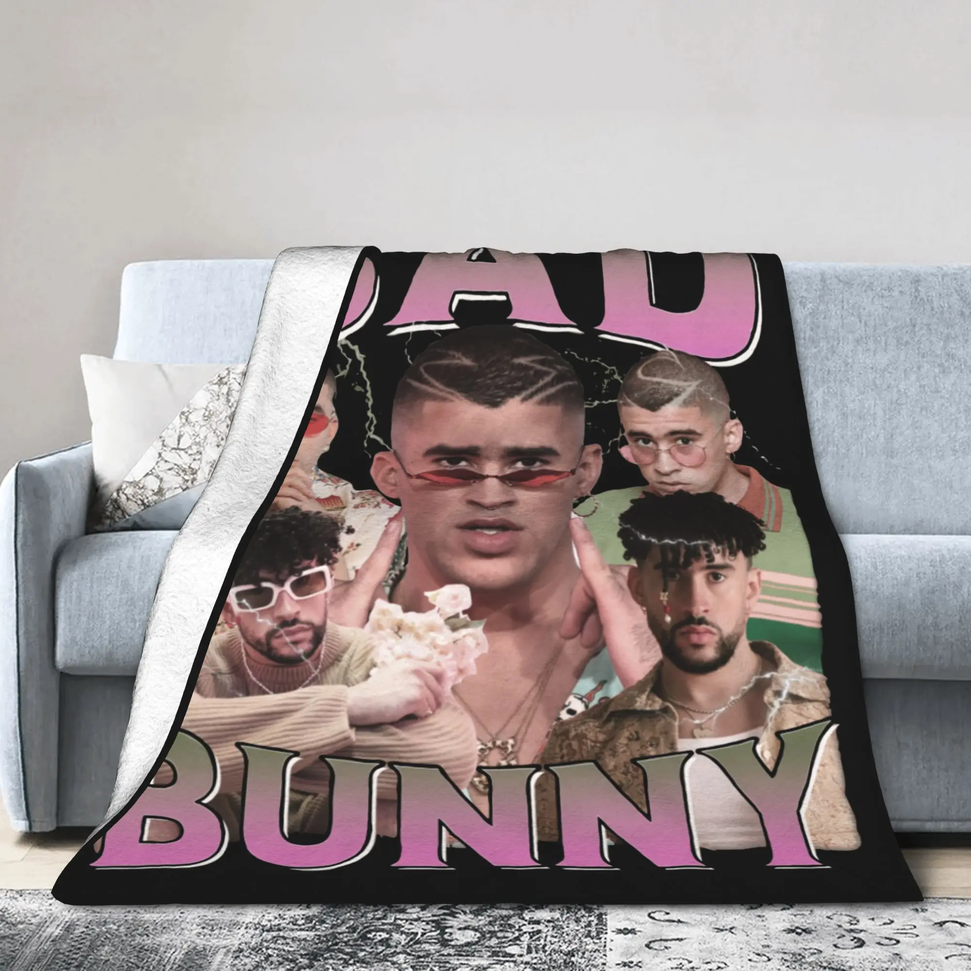 

Bad Bunny Vintage 90s Style Blanket Fleece Spring Autumn Portable Ultra-Soft Throw Blankets for Home Outdoor Rug Piece