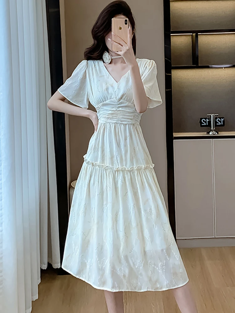 Summer White Jacquard Floral Short Sleeve V-Neck Midi Dress Women Elegant Ruffled Pleated Dress 2025 Korean Bodycon Party Dress