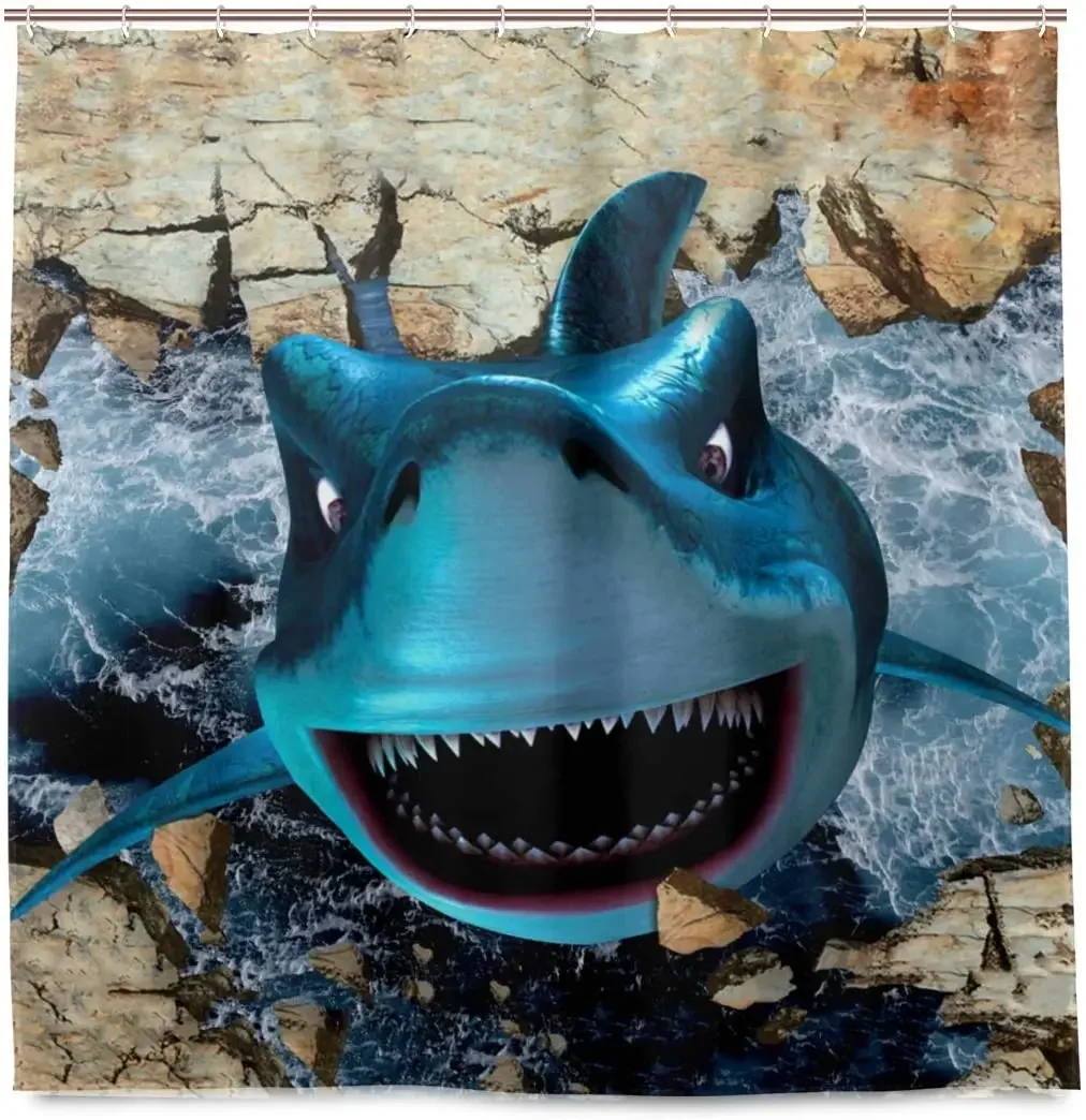 3D Set Animal Shower Curtain Funny Fierce Shark Crack Wall Shark Attack Bathroom Décor