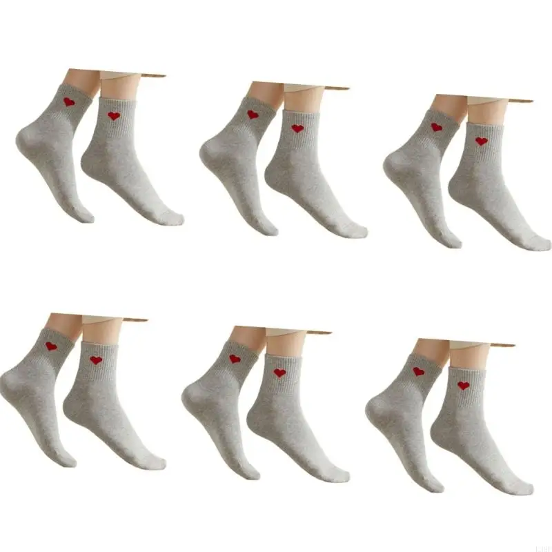 L38E 6 Pairs Heart Printed Middle Cotton Socks Breathable Unisex Pair For Sports Outdoor Activity