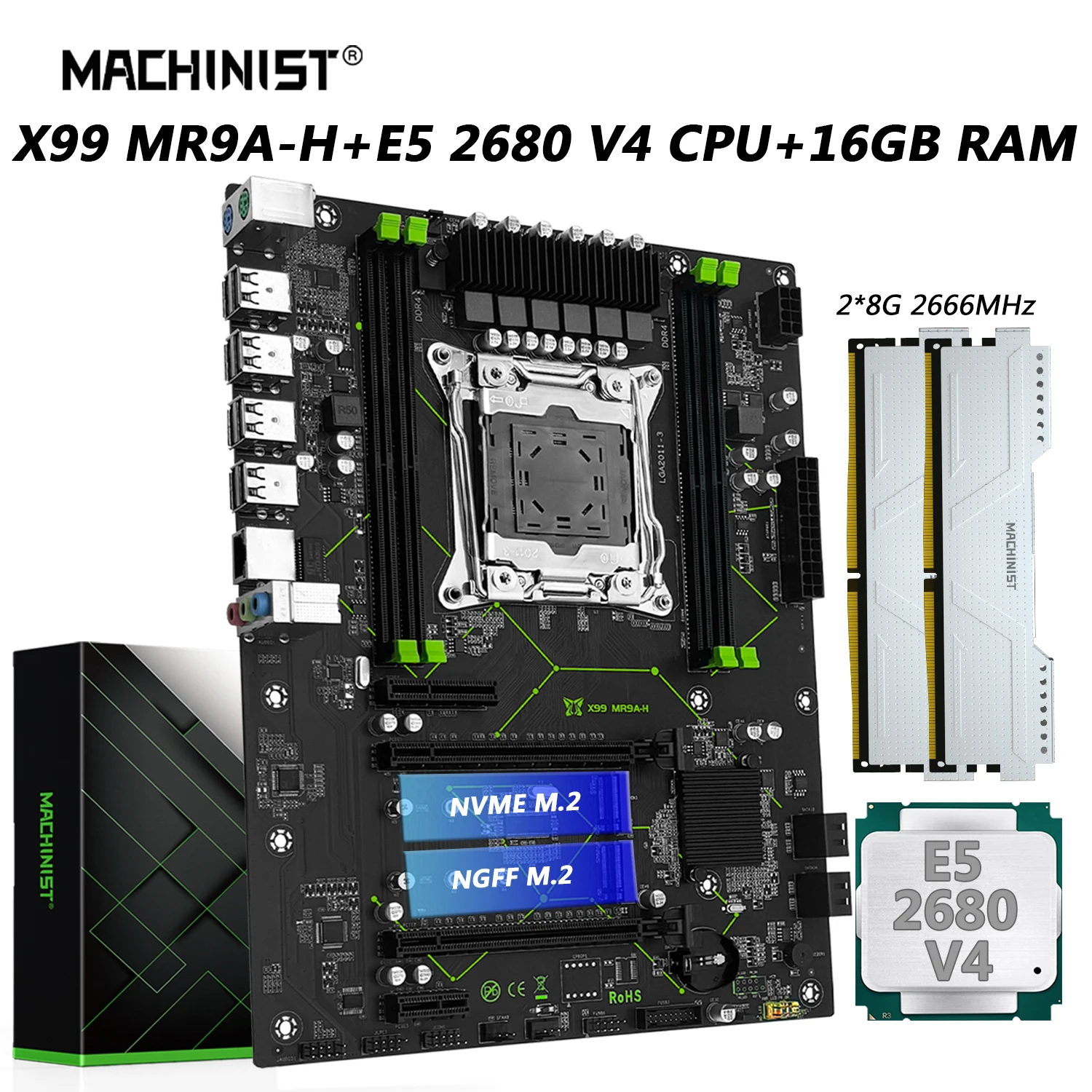 MACHINIST MR9A-H X99 Motherboard Combo Kit Xeon E5 2680 V4 CPU Processor LGA 2011-3 16GB DDR4 2666MHz RAM Memory NVME M.2 USB3.0