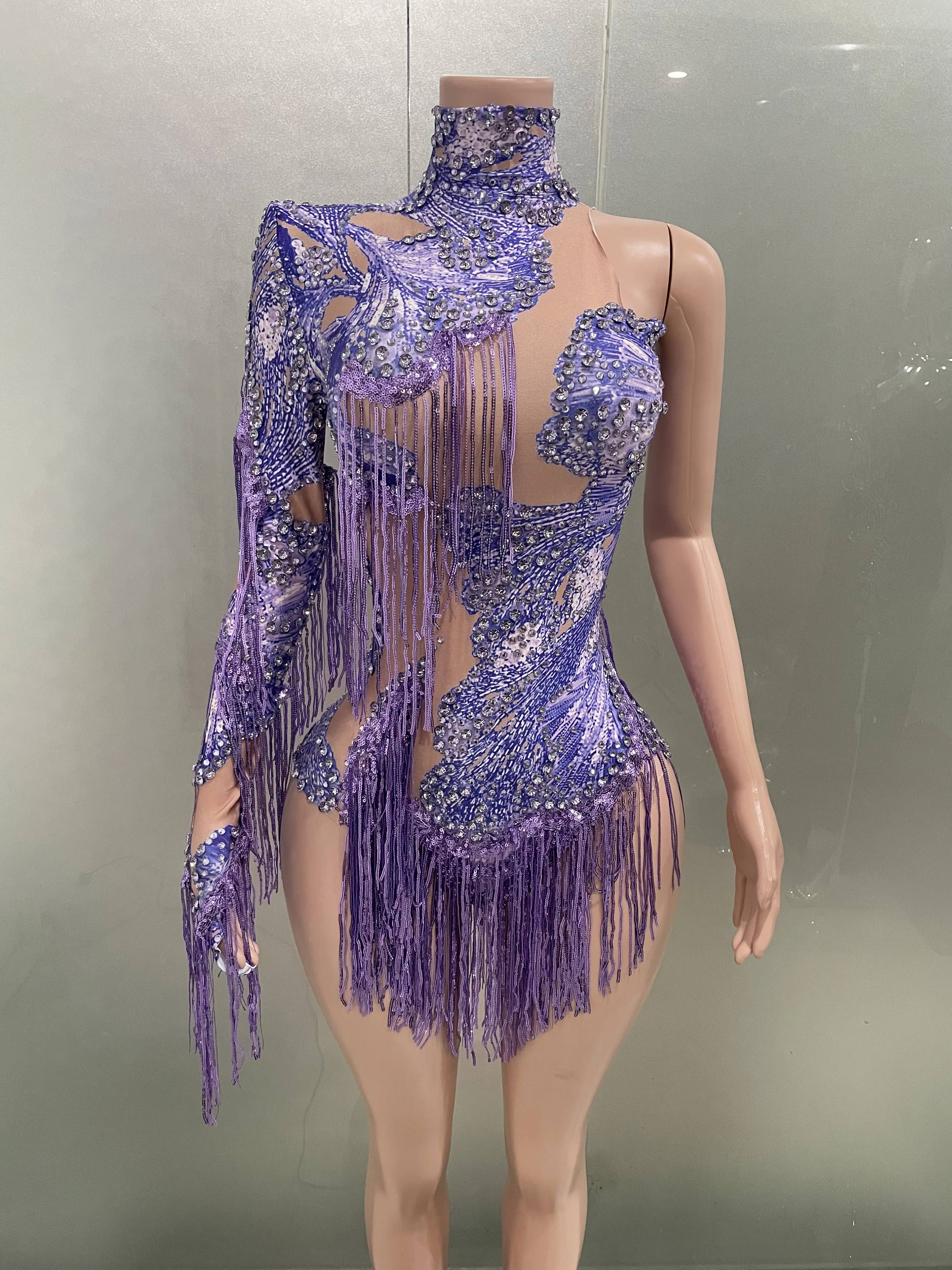 Women Sparkly Rhinestone Tassel Blue Gold One Shoulder Tight Bodysuit Dance Outfit Nightclub Bar Performance Costume Stage Wear