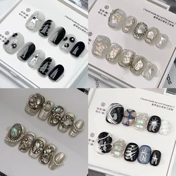 10Pcs Cat Eye Cartoon Animals Handmade Fake Nails Short Square Kawaii Hand-Drawn Line Pearl Gold Glitter Wearable False Nails