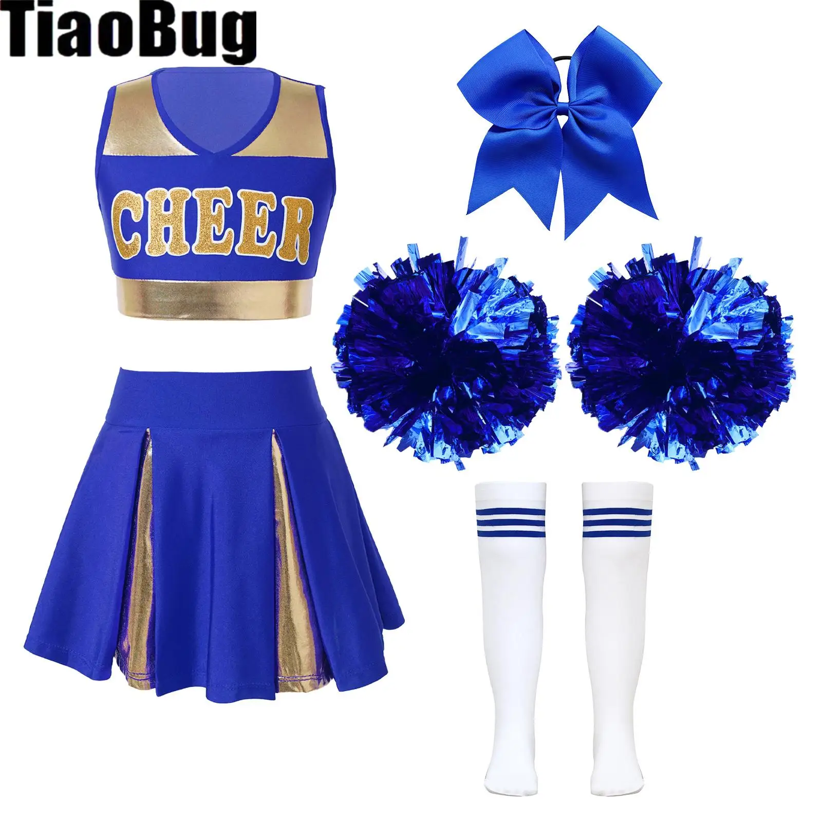 

Kids Girls Letter Print Cheerleading Outfit V Neckline Crop Top Pleated Skirt Bowknot Hand Flowers Striped Tube Socks Dance Set