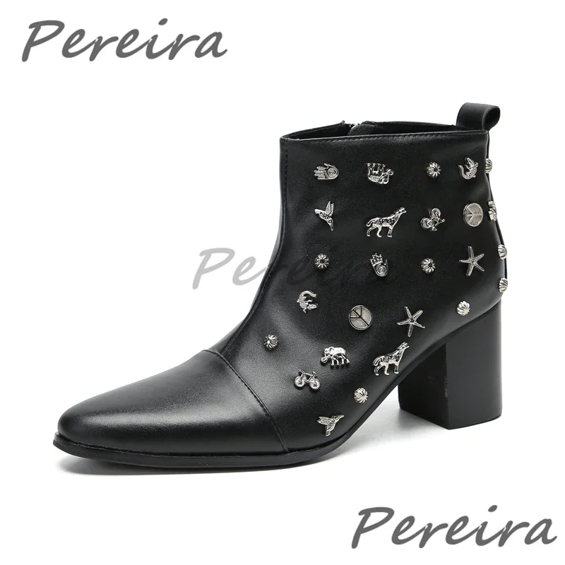 

Fashion Rivet High Heel Men's Boots Metal Decor Black Genuine Leather Pointed Toe Ankle Boots Autumn Winter Trend High Top Shoes