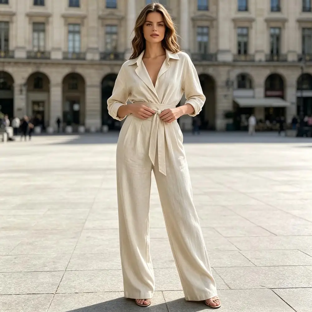 Women V Neck Long Sleeves Jumpsuit, Collared One Piece Romper with Belt, Solid Color Wide Leg Pants Dressy Casual Fall Outfits