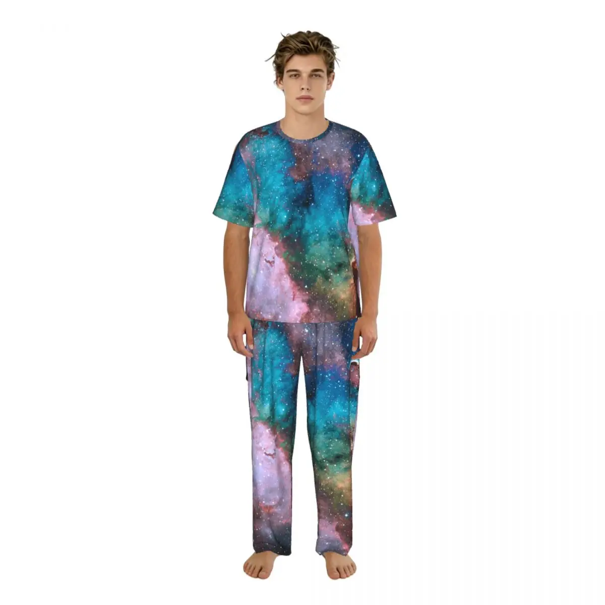 

Мужская пижама с короткими рукавами, состоящая из двух частей, с брюками, с принтом «Ночной небосвод со звездами и туманностями», домашний костюм, одежда для сна.