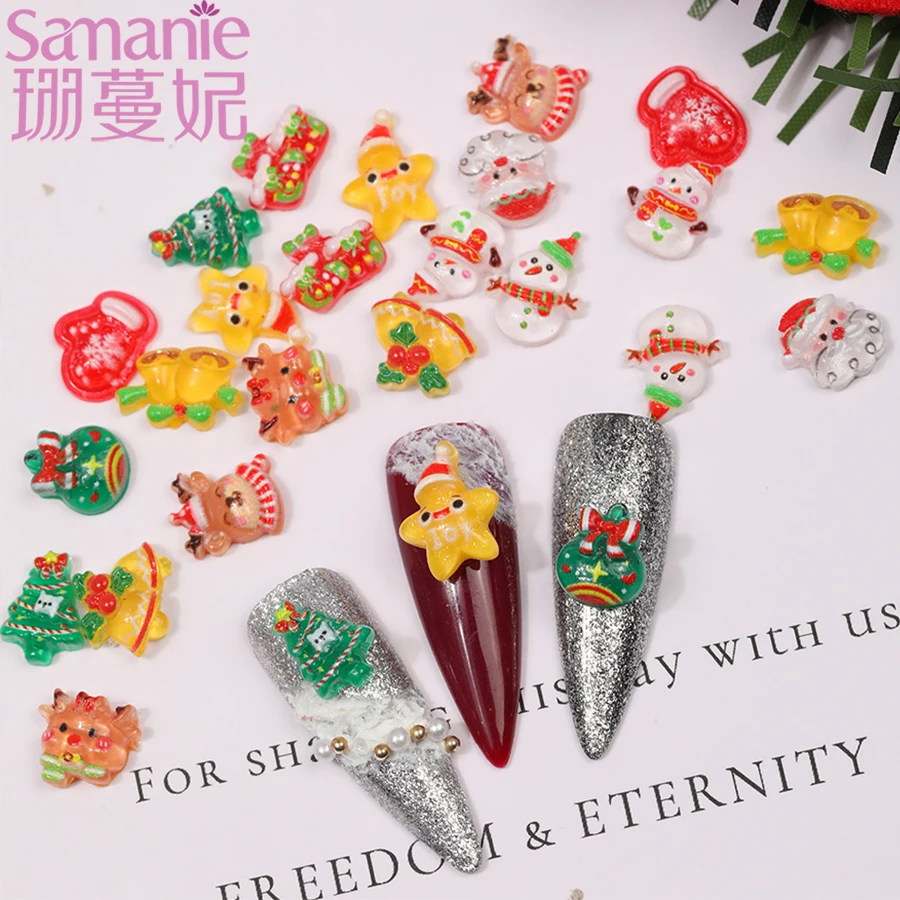 24Pcs Delicate 3D Cartoon Christmas Nail Art Charms Lovely Elk Snowman Santa Claus Gloves Xmas Festival Nails Accessories Parts